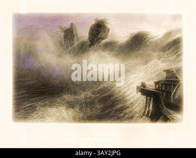 Eine dramatische Meereslandschaft mit turbulenten Wellen, die gegen felsige Klippen krachen, mit einer weit entfernten Landschaft, die von Nebel und atmosphärischen Effekten umgeben ist und ein Gefühl von Mysterium und Macht weckt. Eine Struktur klammert sich an den Rand und deutet auf menschliche Beharrlichkeit unter der Kraft der Natur hin, den Fall Schaffhausens. (Aus dem Fischetz), View of the Rhine Falls, signiert: W. H. Bartlett, W. Hill, Plate 4, nach S. 24 (Band 2), Bartlett, William Henry; Hill, W., 1836, William Beattie, Schweiz. London: Virtue, 1836, Klassische Kunst mit einem modernen Twist, neu interpretiert von Artotop Stockfoto
