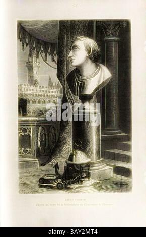 Eine klassische Büste einer herausragenden Figur ist auf einem Sockel mit kunstvoller Kulisse mit architektonischen Details sichtbar. Ein antiker Kompass und andere wissenschaftliche Objekte in der Nähe deuten auf eine Verbindung zu Geschichte und Entdeckungen hin. Die Szene weckt ein Gefühl zeitloser intellektueller Verfolgung. Améric Vespuce d'après un buste de la bibliothèque de l'Université de Florence, Büste von Amerigo Vespucci nach Modell aus der Bibliothek der Universität Florenz, pl. 34, nach S. 481 (Vol. 2), Tounrois, E.; Etherington, 1867, Louis Figuier: Savants du moyen âge. Geber, Mesué, Rhasès, Avicenne Stockfoto