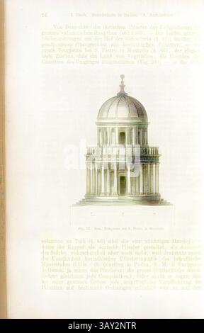 Eine detaillierte architektonische Illustration zeigt eine Kuppelstruktur mit kreisförmigem Sockel, die mit dekorativen Elementen verziert ist. Das Design verfügt über eine elegante Laterne an der Spitze und komplizierte Muster entlang der Kuppel, die ihre Pracht und historische Bedeutung unterstreichen., Rom. Tempietto bei S. Pietro in Montorio, Tempietto di San Pietro in Montorio, auch Tempietto del Bramante in Rom, Abb. 23, S. 76, 1867, Jacob Burckhardt; Wilhelm Lübke: Geschichte der neueren Baukunst. Stuttgart: Verlag von Ebner & Seubert, 1867., Klassische Kunst mit modernem Twist neu interpretiert von Artotop Stockfoto
