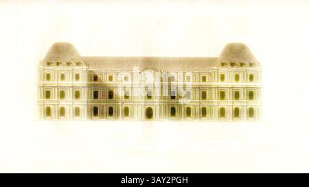 Eine detaillierte architektonische Zeichnung eines großen Gebäudes mit einer symmetrischen Fassade mit zwei markanten Dreiecksdächern und zahlreichen Fenstern, die klassische Designelemente zeigen., Palais der Peers-Seite des Gartens, Fassade Palais du Luxembourg in Paris, 41, nach S. 306, S. 194, Landon (direxit), J. G. Legrand; C. P. Landon: description de Paris et de ses édifices: avec un précis historique et des Observations sur le caractère de leur Architecture, et sur les principaux objets d'Art et de curiosité qu'ils Renferment. Seconde édition, corrigée avec soin dans toutes ses Parties, et considér Stockfoto
