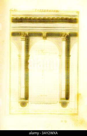 Eine detaillierte architektonische Illustration mit korinthischen Säulen mit komplizierten Designs, die die klassischen Elemente der griechischen Architektur hervorheben. Das Layout betont die eleganten Proportionen und dekorativen Merkmale, die typisch für den korinthischen Stil sind. Korinthische Säulenhalle ohne Sockel, korinthische Säulen ohne Sockel, Pl. 25, S. 61, 1720, Augustin-Charles d'Aviler: Cours d'Architecture: Qui comprend les ordres de Vignole, avec des commentaires, les figures & description de ses plus beaux bâtimens, & de ceux de Michel-Ange, plusieurs nouveaux desseins, ornemens & préceptes, contenant la Stockfoto