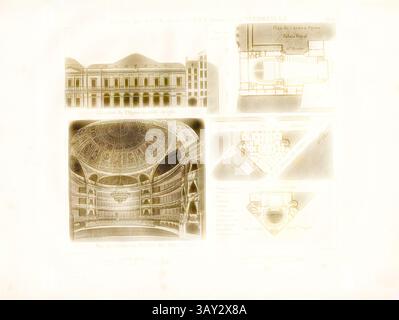 Eine historische Architekturstudie, die komplexe Entwürfe eines Theaters zeigt, mit detaillierten Grundrissen und Erhebungen, die die große Struktur und die raffinierte Innenausstattung hervorheben., Théatres des Arts, ehemalige Oper Destruit und Vaudeville, Nationaltheater der Loi, Salle du Palais-Royal und Théâtre du Vaudeville in Paris, signiert: A. Donnet mens., et del, Orgiazzi, Abb. 13, Pl. 13, S. 21, Donnet, Alexis (mens. Et del.); Orgiazzi, Alexis (sc.), Alexis Donnet, Orgiazzi, Jacques-Auguste Kaufmann: Architectonographie des théâtres, ou parallèle historique et critique de ces édifices, considérés s Stockfoto