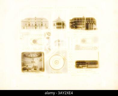 Eine Sammlung von architektonischen Illustrationen, die verschiedene Strukturen und Entwürfe zeigen, zusammen mit detaillierten Grundrissen und Erhebungen bemerkenswerter Gebäude. Jede Illustration präsentiert eine einzigartige Perspektive auf die Architektur und hebt komplizierte Details und Layout-Merkmale hervor., Theater Montmartre du Luxembourg, Panorama Plan, Théâtre de l'Atelier, Théâtre du Luxembourg und Grundriss des Panoramas in der Rue Neuve Saint Augustin in Paris, signiert: A. Donnet mens., et del, Orgiazzi, Abb. 25, Pl. 25, S. 33, Donnet, Alexis (mens. Et del.); Orgiazzi, Alexis (sc.), Alexis Donnet, Orgiazzi, Jacques Stockfoto