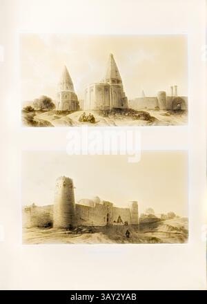 Eine Landschaft mit zwei antiken Strukturen mit unterschiedlichen architektonischen Stilen. Der obere Teil zeigt zwei elegant spitze Türme, während der untere Teil eine robuste Festung mit einem runden Turm und weitläufigen Mauern vor einer ruhigen Kulisse aus Bäumen und offenem Himmel darstellt. Die Szene weckt ein Gefühl von historischer Pracht und Zeitlosigkeit. Gräber in Khoum und befestigtes Dorf Tecarout, Gräber in Qum oder Qom und Befestigungsanlagen von Tecarout (Iran), signiert: Dessiné & Lithographié par Eugène Flandin; Gide et J. Baudry, Editeurs; Lith. De Thierry frères, PL. XXXVI, Flandin, Eugène (dess. Et l Stockfoto
