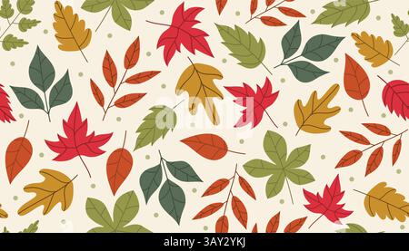 Herbstlaub von verschiedenen Bäumen, Eiche, Ahorn, Kastanien. Einfaches, gelbes, rotes, oranges Herbstblattmuster, Geschenkpapier, Banner, Hello Herbstc Stock Vektor