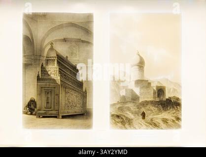 Die Szene zeigt zwei unterschiedliche architektonische Elemente: Links ein aufwändig gestalteter Sarg oder Sarg in einem reich verzierten Innenraum und rechts ein historisches Denkmal mit Kuppeln und Türmen vor einer rauen Bergkuppel. Der Kontrast zwischen Innenraum und Naturlandschaft weckt ein Gefühl kultureller und historischer Bedeutung., Cenotaph von Esther und Denkmal für Esther und Mordechai in Hamadan, Esther Mausoleum, Ehefrau von Xerxes des Ersten in Hamadan (Iran), signiert: Dessiné & Lithographié par Eugène Flandin; Gide et J. Baudry Editeurs; Lith. De Thi Stockfoto