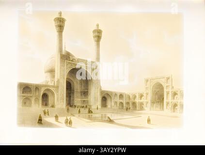 Ein architektonisches Wunder mit großen Kuppeln und hohen Minaretten, diese Szene fängt einen historischen Innenhof ein, der von komplizierten Bögen und geschäftigen Besuchern umgeben ist. Das ruhige Wasserspiel spiegelt das atemberaubende Design wider und lädt zur Bewunderung und Betrachtung seiner kulturellen Bedeutung ein. Cour intérieur de la Grande Mosquée (Ispahan), Freitagsmoschee von Isfahan (Iran), signiert: Dessiné & Lithographié par Eugène Flandin; Gide et J. Baudry Editeurs; Lith. De Thierry frères, PL. LVI, Flandin, Eugène (dess. Et lith.); Thierry frères (Imp.); Gide et Cie. (Hrsg.), 1851, Eugène Flandin; Pascal Xavier Coste: Stockfoto