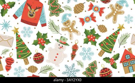 Nahtloses Weihnachtsmuster. Winterurlaub Hintergrund mit Weihnachtsbaum und Spielzeug, Beeren und Lebkuchen, Süßigkeiten und Schneemann. Festlicher Aufdruck, fabri Stock Vektor
