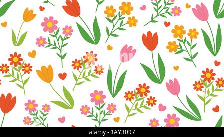Farbenfrohes, nahtloses Blumenmuster mit Tulpen und anderen Blumen. Frühlings-mädchenhaftes Geschenkpapier mit Blumen und Herzchen im flachen Cartoon-Stil. Stock Vektor