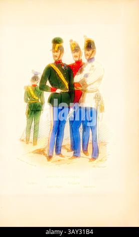 Eine Darstellung von Militärs in eleganten Uniformen mit verschiedenen Designs, Farben und Insignien. Die Figuren stehen zusammen, strahlen Kameradschaft und Autorität aus und heben die Mode und Insignien der Zeit hervor. Österreichische Offiziere, Offiziere des österreichischen Armeeregiments der österreichisch-ungarischen Monarchie, unterzeichnet: CH. Nonius, Abb. 24, Teil 2, nach S. 236, Vernier, Kap. (dess.), Amédée de Cesena: Campagne de Piémont et de Lombardie en 1859. Paris: Garnier frères, 1860, Klassische Kunst mit modernem Touch, neu interpretiert von Artotop Stockfoto