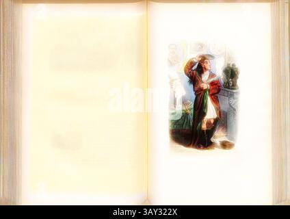 Eine elegant gekleidete Figur steht selbstbewusst und zeigt Gesten, als würde sie etwas bedeutendes präsentieren. Um sie herum befinden sich verschiedene Objekte und Kunstwerke, die auf eine wissenschaftliche oder künstlerische Umgebung hinweisen., Literary man, Illustration des Homme de Lettres aus Léon Curmers 'Les Francais peints par eux-mêmes' aus dem 19. Jahrhundert, signiert: J.J., Grandville, S. 1, S. 219, Grandville, J. J. J., 1840, Les Francais peints par eux-mêmes: Encyclopedie morale du dix-neuvième siècle. Tome troisieme. Paris: L. Curmer, [1840-1742], Klassische Kunst mit modernem Touch von Artotop Stockfoto