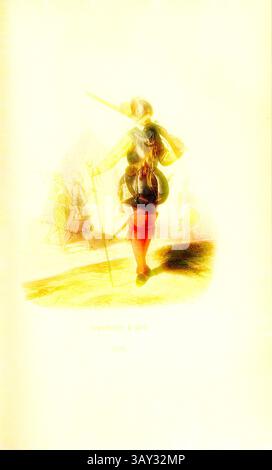 Ein Soldat aus dem späten 18. Jahrhundert steht selbstbewusst, hält einen Speer und trägt eine traditionelle Rüstung. Hinter ihm sind Kriegskollegen zu sehen, die auf eine historische Schlachtszene hinweisen. Die Atmosphäre fängt das Wesen einer vergangenen Ära der Tapferkeit und Kameradschaft ein. Arquebusier zu Fuß. 1572, Arctic Gunner, signiert: F. Philippoteaux; Deghouy, Abb. 15, nach S. 840, Philippoteaux, Félix (fec.); Deghouy, Léopold (sc.), Adrien Pascal, Camp, Jules du Camp, Germain-Nicolas Brahaut, Sicard, Philippoteaux: Histoire de l'armée et de tous les régiments depuis les premiers temps de la Monarchie francaise jusq Stockfoto