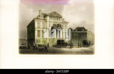 Ein historisches Gebäude mit komplexen architektonischen Details, mit zahlreichen Menschen und Pferdekutschen bevölkern die Szene und schaffen eine geschäftige Atmosphäre einer vergangenen Ära. Rotterdam. Boyman Museum, Ansicht des Museums Bojmans in Rotterdam, unterzeichnet: A. J. Terwen (del.); G. M. kurz (sculp.), nach S. 156, S. 211, Terwen, A. J. (del.); kurz, Georg Michael (Sculp.), 1863, der Rhein und die Rheinlande in malerischer Original-Ansichten: Abtheilung 3, Sektion 2/Holland. Darmstadt: Druck und Verlag von Gustav lange, 1863, Klassische Kunst mit modernem Twist neu interpretiert von Artotop Stockfoto