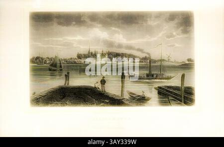 Eine ruhige Flusslandschaft bietet eine geschäftige Uferszene mit Booten, darunter ein Dampfschiff und Segelschiffe. In der Ferne befindet sich eine charmante Stadt mit Türmen und Windmühlen unter einem dramatischen Himmel. Figuren stehen am Ufer und beobachten die Aktivität auf dem Wasser., Ijsselmonde, Ansicht IJsselmonde bei Rotterdam, signiert: L. Rohbock (del.); F. Hablitscheck (Sculp.), nach S. 170, S. 235, Rohbock, Ludwig (del.); Hablitscheck, Franz (sculp.), 1863, der Rhein und die Rheinlande in malerischer Original-Ansichten: Abtheilung 3, Sektion 2/Holland. Darmstadt: Druck und Verlag von Gustav lange, 1863, C Stockfoto