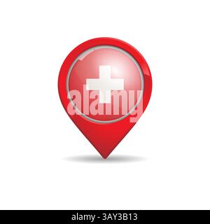 Realistische Schweiz Flagge mit Karte Pin Vektor Illustration. Schweizer Flagge. Stock Vektor