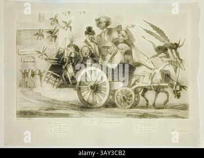 Eine skurrile Szene mit einer fantastischen Kutsche voller eklektischer Charaktere, darunter Personen, die in historischem Gewand gekleidet sind, neben seltsamen Kreaturen und ätherischen Figuren, alle vor einem Hintergrund von wirbelnden Pflanzen und verspielten Bewegungen., Eugène Delacroix, Französisch, 1798-1863, The Board of Zensors Moves Out, 1822, Lithografie in schwarzer Tinte auf weißem Webpapier gedruckt, Bild, ohne Unterschrift: 7 5/8 x 12 1/4 Zoll (19,4 x 31,1 cm), Kunstwerk mit moderner Kunst Stockfoto