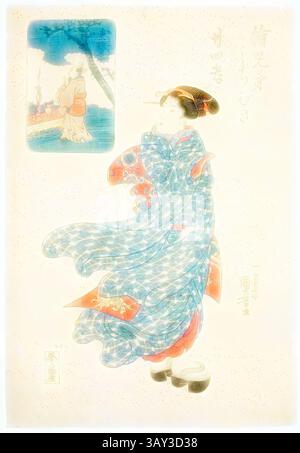 Ein traditionelles japanisches Kunstwerk mit einer elegant gekleideten Frau in einem fließenden Kimono, verziert mit komplizierten Mustern. Sie scheint in Bewegung zu sein, vielleicht tanzt oder sich anmutig dreht, mit einem ruhigen Ausdruck. Im Hintergrund zeigt eine kleine Szene eine weitere Figur, die der Komposition Tiefe verleiht, neben zarter Kalligraphie. Utagawa Kuniyoshi, Japanisch, 1798–1861, unbekannt, ca. 1845, Tinte auf Papier, insgesamt 22,9 x 33 cm, Klassische Kunst mit einem modernen Twist, neu interpretiert von Artotop Stockfoto