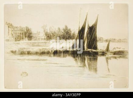 Eine ruhige Landschaft mit Segelbooten mit hohen, spitzen Segeln, die in der Nähe einer ruhigen Küste ankern, umgeben von Bäumen und sanften Wasserspiegeln. Die Szene weckt ein Gefühl von Ruhe und Ruhe und hebt die Schönheit der Natur und des maritimen Lebens hervor. James Abbott McNeill Whistler, amerikanisch, 1834-1903, Hurlingham, 1879, Ätzung und Trockenspitze in schwarzer Tinte auf Büttenpapier gedruckt, Platte: 13,7 x 20,3 cm (3/8 Zoll x 8 Zoll), Klassische Kunst mit einem modernen Twist von Artotop Stockfoto