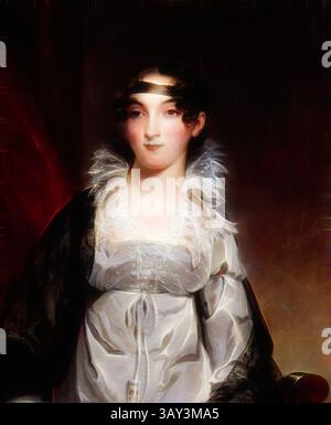 Eine junge Frau in einem eleganten Kleid mit komplizierten Spitzendetails steht anmutig und strahlt ein ruhiges Selbstvertrauen aus. Ihr dunkles Haar ist elegant gestylt, ergänzt durch ein zartes Stirnband, während ihr Ausdruck auf ein nachdenkliches Verhalten hinweist. Die reiche Kulisse verleiht ihrer balancierten Präsenz Tiefe. Thomas Sully, Amerikaner, 1783-1872, Mrs. Edward Hudson, 1814, Öl auf Leinwand, ungerahmt: 73,7 x 60,3 cm (29 x 23 3/4 Zoll), Klassische Kunst mit einem modernen Twist von Artotop Stockfoto