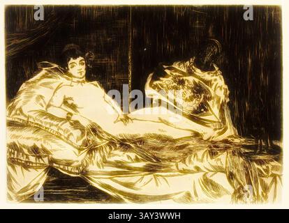Eine ruhige Figur liegt auf einem luxuriösen Bett, umgeben von weichen Kissen, die einen Hauch von Eleganz und Intimität ausstrahlen. Die weichen Vorhänge und die entspannte Haltung rufen ein Gefühl der Ruhe und Besinnung hervor und laden den Betrachter ein, über den ruhigen Moment nachzudenken, der in der Zeit festgehalten wurde., Edouard Manet, Französisch, 1832-1883, Olympia, 1867, Ätzung in braun-schwarzer Tinte auf Büttenpapier gedruckt, Platte: 15,9 x 24,1 cm (6 1/4 x 9 1/2 Zoll), Klassische Kunst mit einem modernen Twist von Artotop neu interpretiert Stockfoto