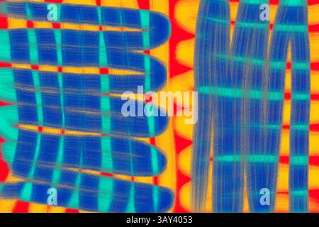Auffälliges abstraktes Design in Blau- und Gelbtönen mit sich kreuzenden Linien und geometrischen Formen. Ideal für moderne Hintergründe oder kreative Projekte. Stockfoto