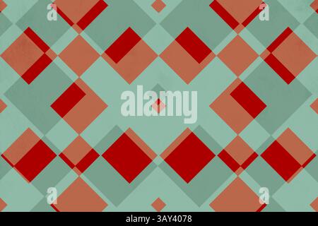 Abstraktes geometrisches Muster mit überlappenden Quadraten in Rot- und Grüntönen. Die Symmetrie und Wiederholung schaffen einen modernen, stilvollen Hintergrund Stockfoto