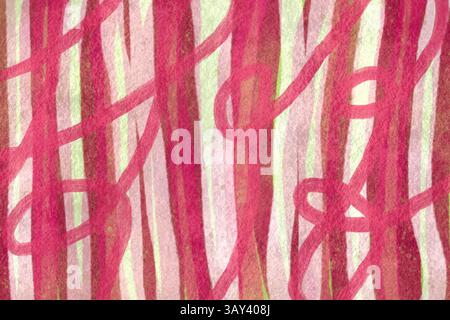 Ein abstraktes Aquarelldesign mit fließenden roten Linien auf einem strukturierten Hintergrund. Die ineinander verflochtenen Formen und leuchtenden Farben verleihen Tiefe und Bewegung. Stockfoto