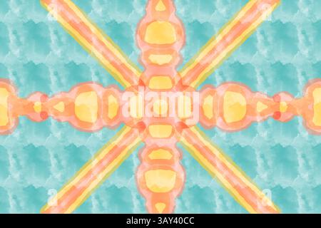 Ein lebendiges, symmetrisches Aquarellmuster mit wirbelnden Formen und sanften Farben in Blau, Orange und Gelb. Ideal für Hintergründe, Textilien und Stockfoto