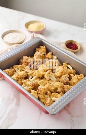 Gebackener Blumenkohl, beschichtet mit herzhaften Brotkrumen und Gewürzen, gemischt mit Ei und einem Teller geschmolzenem Käse, präsentiert auf einem Blechblech neben c Stockfoto