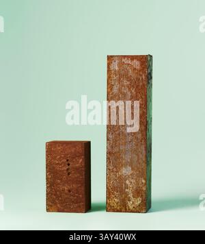 Zwei rostige Metallblöcke unterschiedlicher Höhe sind auf einer pastellgrünen Oberfläche platziert, die einen Kontrast zwischen dem lebendigen Hintergrund und dem Erdton schaffen Stockfoto