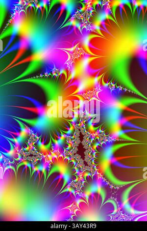 Eine schillernde Anzeige von leuchtenden fraktalen Mustern mit einem Kaleidoskop von Farben, ideal für digitale Kunst, Hintergrund oder kreatives Design. Stockfoto