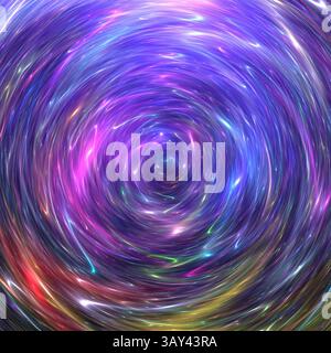 Dieses Bild zeigt eine abstrakte Kunstdarstellung einer Galaxie mit einem wirbelnden Wirbel aus lebendigem, vielfarbigem Licht, das kosmische Energie und ausstrahlt Stockfoto