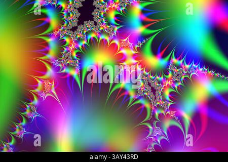 Ein visuell fesselndes digitales Kunstwerk mit komplexen, farbenfrohen fraktalen Mustern mit psychedelischen Effekten, perfekt für kreative Projekte. Stockfoto