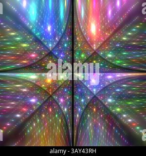 Ein lebendiges digitales Kunstwerk mit einem Kaleidoskop aus bunten Lichtern, das einen abstrakten Galaxienstarburst-Effekt erzeugt. Das Bild strahlt vom c ab Stockfoto