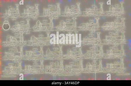 Eine Sammlung abstrakter Linienzeichnungen, die verschiedene architektonische Formen und Strukturen darstellen, jede mit einem zufälligen alphanumerischen Code beschriftet. Die Konstruktionen verfügen über eine Mischung aus Formen und Abmessungen, wodurch eine optisch faszinierende Anordnung entsteht. Traktionsmaschinen 2, verschiedene technische Skizzen von Traktionsmaschinen, signiert: Heusinger v., W, Lith., V, J. Lehnhardt; Verlag v., CH. W. Kreidel, Platte C, nach S. 175, Heusinger von Waldegg, Edmund; Lith. Anstalt von J. Lehnhardt (lith.); Christian Wilhelm Kreidel Verlag (Hrsg.), Edmund Heusinger von Waldegg; Wilhelm Clauss: Abbildung und Beschreibung der Stockfoto