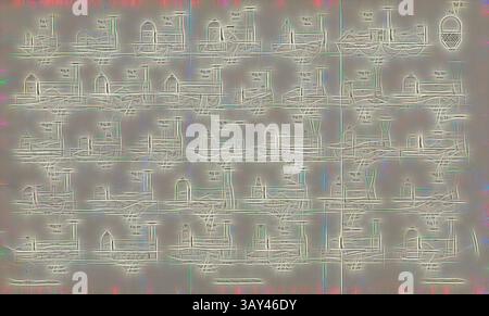 Eine Reihe stilisierter Boote und Bögen sind in einem Gittermuster angeordnet und zeichnen sich durch komplexe lineare Designs aus, die ein Gefühl von Bewegung und Strömung vermitteln. Die Gesamtkomposition ist rhythmisch und harmonisch und erinnert an ein nautisches Thema. Traktionsmaschinen 1, verschiedene technische Skizzen von Traktoren, signiert: Heusinger v., W, Lith., V, J. Lehnhardt; Verlag v., CH. W. Kreidel, Platte B, nach S. 175, Heusinger von Waldegg, Edmund; Lith. Anstalt von J. Lehnhardt (lith.); Christian Wilhelm Kreidel Verlag (Hrsg.), Edmund Heusinger von Waldegg; Wilhelm Clauss: Abbildung und Beschreibung der Lokomotive- Stockfoto