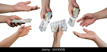 Sammlung von 100-Dollar-Banknoten in Händen isoliert auf weißem Hintergrund, aus nächster Nähe. Nahaufnahme von jemandem, der die amerikanische Puppe hält und zählt Stockfoto