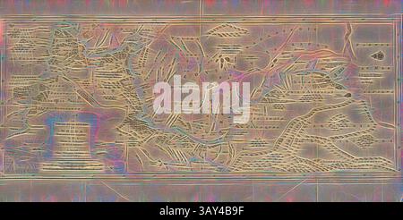 Eine abstrakte Darstellung einer geographischen Karte mit komplizierten Linien und verschiedenen topografischen Symbolen, die ein Gefühl der Erkundung und Navigation durch komplexe Terrains wecken. Das Design enthält wirbelnde Muster und lebendige Farben, die eine dynamische und optisch fesselnde Komposition schaffen., der Fluss Wolga, früher als Rha 1 bekannt, Karte des Verlaufs der Wolga von Balachna bis zur Mündung des Kaspischen Meeres aus dem 18. Jahrhundert, signiert: Selon la Relation D'OLEARIUS., A LEIDE, Chez PIERRE VAN DER AA, Merchand Libraire, Abb. 24, nach S. 396, AA, Pierre vander (chez), 1727 Stockfoto