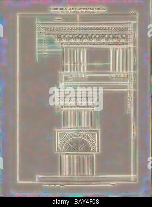 Eine detaillierte architektonische Zeichnung zeigt eine kunstvolle Struktur mit komplizierten Säulen, Bögen und dekorativen Elementen, die vom klassischen Design inspiriert sind. Das Layout umfasst verschiedene Perspektiven, die die Pracht und Handwerkskunst der historischen Architektur betonen., dorische Säule, Kapitäl und Entablature aus den Diokletianbädern, Details zu dorischen Säulen in den Diokletianbädern in Rom, M. 20, nach S. 116, 1845, Johann Matthäus von Mauch: Neue systematische Darstellung der architektonischen Ordnungen der Griechen, Römer und neuer Baumeister. Dritte Auflage. Potsdam: Verlag von Stockfoto