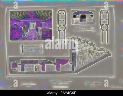 Eine Reihe von architektonischen Illustrationen, die Grundrisse und Gebäudeentwürfe zeigen, mit detaillierten Layouts, Strukturen und Erhebungen in stilisierter, abstrakter Weise. Grabmal in Cerveteri, etruskische Grabstätte in Cerveteri in Italien, signiert: J. A. Leveil (del.); Schaal (sculp.), Abb. 69, S. 305, Leveil, J. A. (del.); Schaal (sculp.), 1853: Jules Gailhabaud: Monuments anciens et modern. Bd. 1. Paris: Librairie de Firmin Didot frères, 1853, Klassische Kunst mit einem modernen Twist, neu gestaltet von Artotop Stockfoto