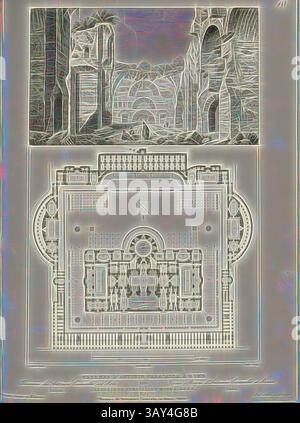 Eine detaillierte Illustration mit zwei unterschiedlichen Szenen: Die obere Hälfte zeigt eine große, antike Landschaft mit hoch aufragenden Felsformationen und einem riesigen Bogengang, während die untere Hälfte ein kompliziertes Design einer mechanischen Vorrichtung mit verschiedenen Komponenten und einem symmetrischen Layout zeigt., Thermen von Antonin Caracalla in Rom, Caracalla-Thermen in Rom, signiert: d'après Blouet, Amoudru (del.); Bury (Skulptur), Abb. 100, S. 405, Blouet (d'après); Amoudru (del.); Bury (Sculp.), 1853: Jules Gailhabaud: Monuments anciens et modern. Bd. 1. Paris: Librairie de Firmin Didot frères, 1853, Klassische Kunst mit A Stockfoto