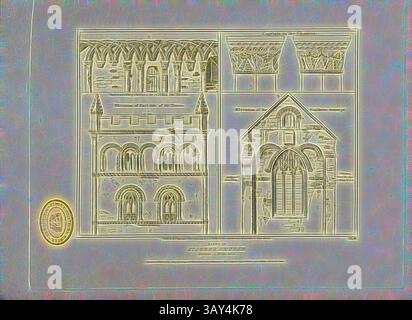 Eine detaillierte architektonische Zeichnung, die das komplexe Design eines Gebäudes zeigt, mit verschiedenen Aussichten, einschließlich einer großen Fassade, verzierten Fenstern und raffinierten strukturellen Elementen, begleitet von einer Dichtung in der Ecke., St. John's Church, Devizes Wiltshire, Details der St. John's Church at Devizes in Wiltshire, signiert: Etch'd by M. S. Barenger, aus einer Zeichnung von J. C. Smith, Abb. 5, Pl. III, bis S. 6, Smith, J. C. (Zeichnung); Barenger, M. S. (Etching), 1807, John Britton: the Architectural Antiquities of Great Britain: dargestellt und illustriert in einer Reihe von Ansichten, Erhebungen, Plänen Stockfoto