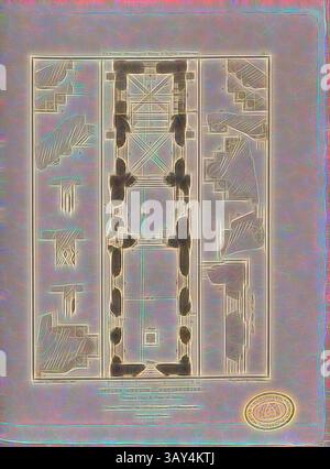 Ein komplizierter architektonischer Entwurf mit einem detaillierten Design mit geometrischen Formen und strukturellen Elementen, mit Beschriftungen und einer markanten Dichtung am Boden., Iffley Church, Oxfordshire, Grundriss, Grundriss der St. Mary's Church in Iffley in Oxfordshire, signiert: Zeichnet von C. F. Porden; graviert von C. Gladwin; herausgegeben von Longman & Co, Abb. 8, Pl. I, nach S. 260, Porden, C. F. (Zeichnung); Gladwin, C. (Gravur); Longman & Co. (veröffentlicht), 1818, John Britton: the Architectural Antiquities of Great Britain: dargestellt und illustriert in einer Reihe von Ansichten, Erhebungen, Plänen Stockfoto