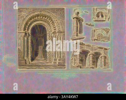 Eine detaillierte architektonische Illustration mit einem großen Bogengang mit komplizierten Schnitzereien, zusammen mit verschiedenen stilisierten Skizzen klassischer Strukturen, die eine Mischung aus Designelementen und kunstvoller Handwerkskunst zeigen., Earls Barton Church: Northamptonshire, South Door Way, Details of All Saint's Church at Earl's Barton in Northamptonshire, signiert: Gezeichnet von F. Mackenzie; graviert von J. Le Keux; herausgegeben von Longman & Co, Abb. 4, Pl. I, nach S. 260, Mackenzie, F. (Zeichnung); Keux, John Le (Gravur); Longman & Co. (veröffentlicht), 1818, John Britton: the Architectural Antiquities of Great Britain Stockfoto