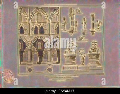 Eine detaillierte Architekturstudie mit komplexen Bögen und Säulen auf der einen Seite, gepaart mit stilisierten Pflanzenmotiven und dekorativen Elementen auf der anderen Seite, die eine Mischung aus klassischem Design und ornamentaler Kunst zeigt., Shoreham Church, Sussex, Elevation, Details der Kirche in Shoreham, Sussex, signiert: Gezeichnet von John Carter; Etch'd von John Le Keux; herausgegeben von Longman & Co, Abb. 40, nach S. 260, Carter, John (Zeichnung); Keux, John Le (Etching); Longman & Co. (veröffentlicht), 1819, John Britton: the Architectural Antiquities of Great Britain: repräsentiert und illustriert in einer Reihe von Ansichten Stockfoto