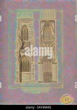 Eine detaillierte architektonische Illustration, die zwei unterschiedliche Stile gotischer Kathedralfenster zeigt, die komplizierte Steinarbeiten, Spitzbögen und dekorative Elemente hervorhebt, die für diese Zeit charakteristisch sind., Beverley Minster, Yorkshire, Außenbereich des Kirchenschiffs, Beverley Minster at Beverley, East Riding of Yorkshire, signiert: Gezeichnet von A. Pugin; Etch'd von I. Le Keux; herausgegeben von Longman & Co, Abb. 44, S. 260, Pugin, Augustus Charles (Zeichnung); Keux, John Le (Etching); Longman & Co. (publiziert), 1820, John Britton: the Architectural Antiquities of Great Britain: repräsentiert and Illustrated in a Stockfoto