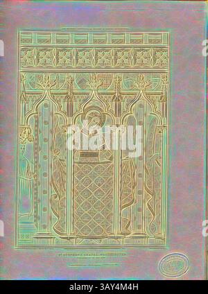 Ein stilisiertes architektonisches Design mit komplizierten Bögen und ornamentalen Details, mit einer zentralen Figur, die in einem religiösen Kontext dargestellt wird, umgeben von zarten Mustern und Motiven, die ein Gefühl historischer Kunst hervorrufen., St. Stephen's Chapel, Westminster, Abteil auf einer Seite, St. Stephen's Chapel im Palace of Westminster in London, signiert: Gezeichnet von W. H. Bartlett, aus einer Skizze von I. Carter; graviert von J. Le Keux; herausgegeben von Longman Co. 66, S. 260, Carter, I. (Skizze); Bartlett, William Henry (Zeichnung); Keux, John Le (Gravur); Longman & Co. (veröffentlicht), 1825, John Stockfoto