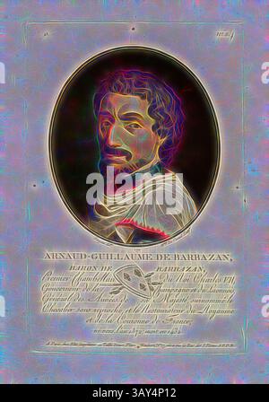 Ein stilisiertes Porträt von Arnaud-Guillaume de Barbazan, mit einer aufwendig detaillierten Büste mit nachdenklichem Ausdruck. Unter dem Porträt gibt der elegante Text Informationen über seine Identität und seine Leistungen. Die Gesamtpräsentation verströmt einen Sinn für historische Bedeutung und Kunstfertigkeit. Arnaud-Guillaume de Barbazan, Baron von Barbazan, Arnault Guilhem de Barbazan, Berater und Chamberlain der Könige von Frankreich Karl VI., und Karl VII, unterzeichnet: Sergent (del.); Mme de Cernel (Skulptur.); chez Blin, O., 5, Sergent, Antoine Louis Francois (del.); Cernel, Marie-Louise-Suzanne Champion de Stockfoto