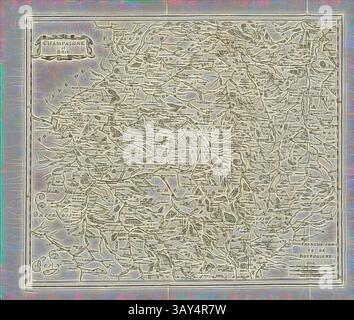 Eine detaillierte Vintage-Karte, die die Region Champagne in Frankreich zeigt, mit einem komplizierten Netz von Straßen, Städten und geografischen Sehenswürdigkeiten, zusammen mit dekorativen Grenzen und kunstvollen Etiketten., Champaigne und Brie, Karte der Champagne und Brie, Abb. 31, Zweyter Theil, nach S. 35, Martin Zeiller: Topographia Galliae, oder, Beschreibung und Contrafaitung der vornehmbsten und Dohmbsten Oerter in dem mächtigen und großen Königreich Franckreich: Beedes auss eygner Erfahrung und den besten und Dohmbtesten Scribenten so in underschiedlichen Spraachen davon aussgangen seyn auch auss erlangten Stockfoto
