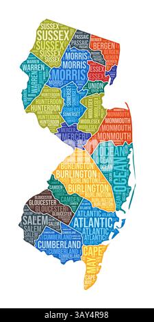 New Jersey-Form. State Word Cloud mit Bezirksabteilung. Farbige Abbildung in New Jersey. County Names Cloud. Vektorabbildung. Stock Vektor